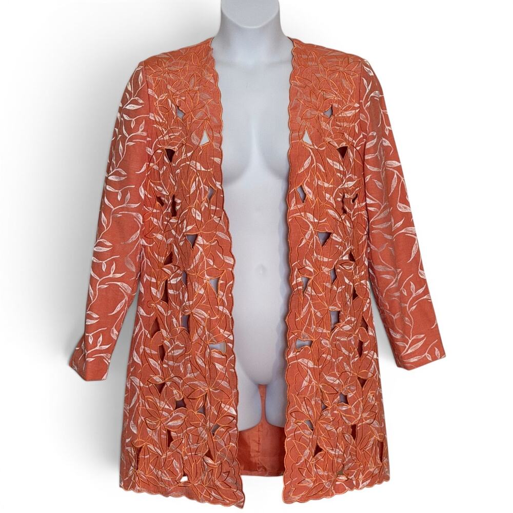 Vintage Stella Louise KB Linen Jacket Tropical Coral Cutout Duster Coat Size 14
